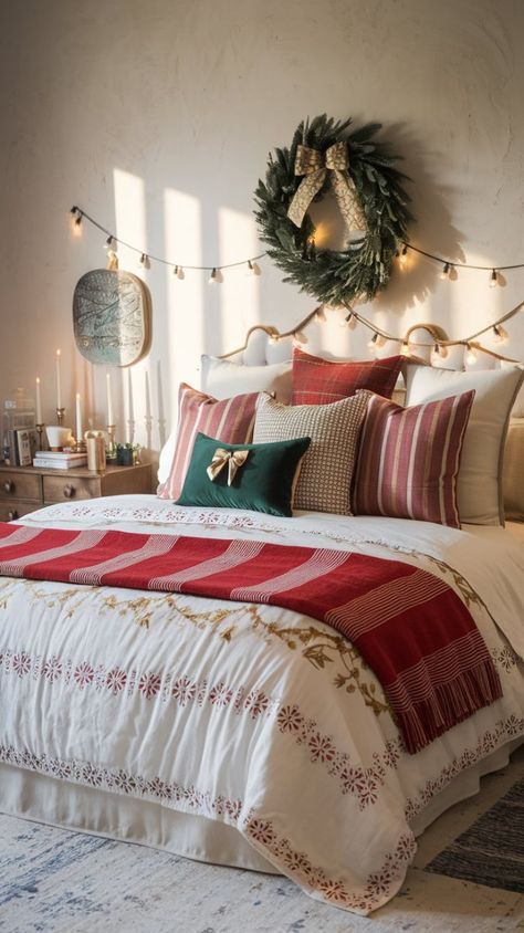 Garland Over Bed Christmas, Christmas Cottage Bedroom, Cozy Traditional Christmas Aesthetic, Homey Christmas Aesthetic, Aesthetic Christmas Decor Bedroom, Aesthetic Christmas Bedroom, Cozy Christmas Bedroom Aesthetic, Cozy Christmas House, Christmas Bedroom Aesthetic