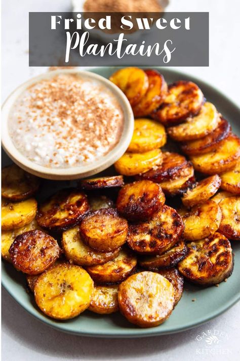 Indulge in the delightful contrast of a crispy exterior and irresistibly chewy interior with this recipe for Fried Sweet Plantains. These sweet fried plantains come together with a handful of simple ingredients in less than 15 minutes and are perfect to pair with your favorite Latin dishes or as an anytime treat. Pan Fried Plantains, Jamaican Sides, Sweet Plantain Recipes, Plantain Recipes Sweet, Fried Sweet Plantains, Fried Plantain Recipe, Sweet Fried Plantains, Sweet Plantains, Latin Dishes