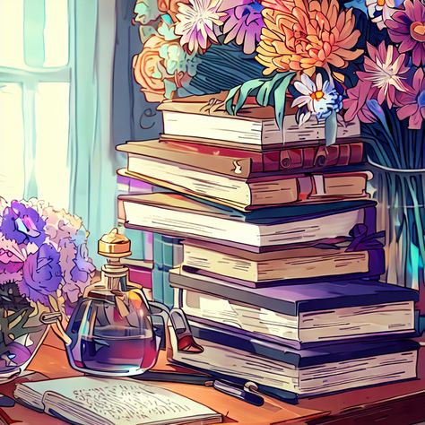 A stack of books next to an inkwell and vase of flowers drawn in a colorful anime style Cozy Fantasy Art, Cozy Fantasy Aesthetic, Cozy Drawing, Writers Aesthetic, Cozy Kawaii, Writing Magic, Stacks Of Books, Fantasy Writer, Journal Templates