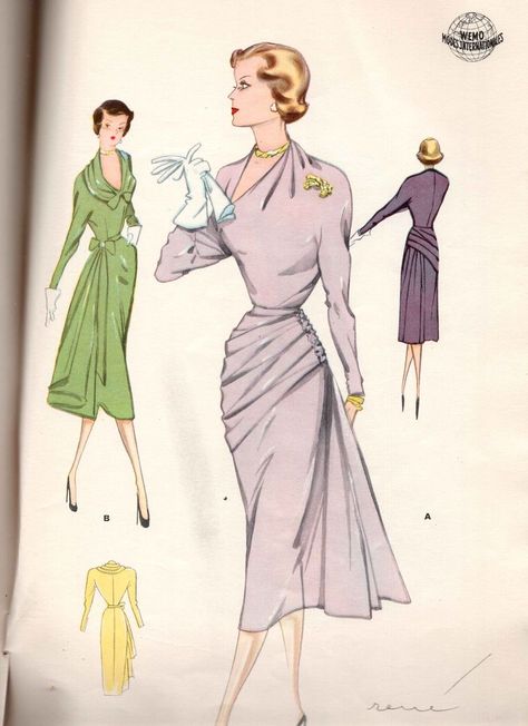 1950 Fashion Women Classy, 60s Vintage Fashion, Vintage Fashion Sketches, Vintage Clothes Patterns, Fashion 1950, Fashion Illustration Vintage, 20th Century Fashion, Vintage Dress Patterns, Fashion 1950s