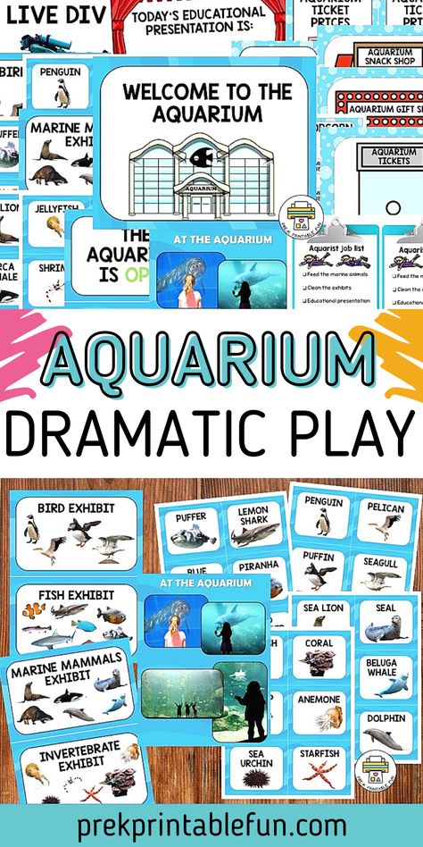 Let's visit the Aquarium! This 22-page printable aquarium dramatic play pack includes all of the props and signs you'll need to create an Aquarium Experience in your Early Learning Environment. Water Study Creative Curriculum Dramatic Play, Dramatic Play Ocean Theme, Aquarium Preschool, Ocean Dramatic Play Preschool, Under The Sea Dramatic Play, Aquarium Dramatic Play Preschool, Ocean Dramatic Play, Aquarium Dramatic Play, Aquarium Role Play Eyfs