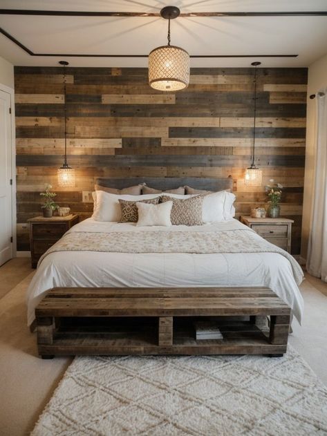 Add a touch of DIY charm to your bedroom with a unique accent wall. Consider using reclaimed wood pallets or stenciling a geometric pattern for a modern look. Complete the cozy vibe by styling the space with warm string lights and plush throw pillows. Diy Bedroom Accent Wall, Geometric Wood Accent Wall, Wood Accent Wall Bedroom, Wood Accent Walls, Bedroom Accent Wall Ideas, Unique Accent Wall, Bedroom Accent Wall, Accent Wall Ideas, Macrame Wall Hangings