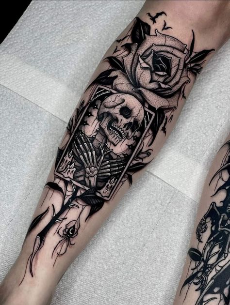 Skeleton Leg Tattoo, Heavy Black Tattoo, Goth Tattoo Sleeve, Gothic Forarm Tattoos, Gothic Inner Arm Tattoo, Forearm Tattoo Women Goth, Women’s Gothic Tattoos, Goth Arm Sleeve Tattoo, Skyrim Tattoo