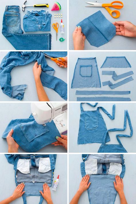 By using a shirt and efpair of jeans that fit you well, you can create custom jean overalls that work with your body. The key is finding a lightweight jean shirt that is the same color as your jeans. Follow along with these steps to learn how to make vour own custom pair. How To Make Overalls, Diy Overalls From Jeans, Jean Jumpsuit Outfit, Custom Overalls, Diy Overalls, Denim Jeans Diy, Jean Upcycle, High Neck Lace Wedding Dress, Denim Paint