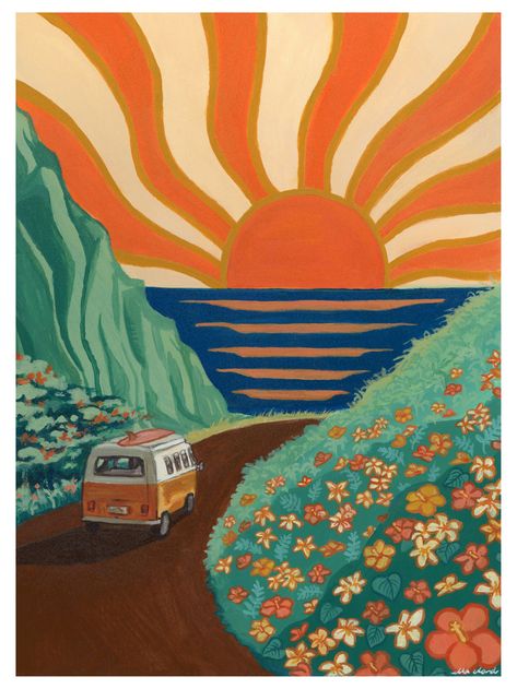 classic hippie van with surfboard driving towards beach Hawaiian Painting, Surfer Painting, Hawaiian Landscape, Surf Artwork, 70s Poster, Retro Surf Art, Surfing Lifestyle, Vibrant Paintings, Shirt Patterns