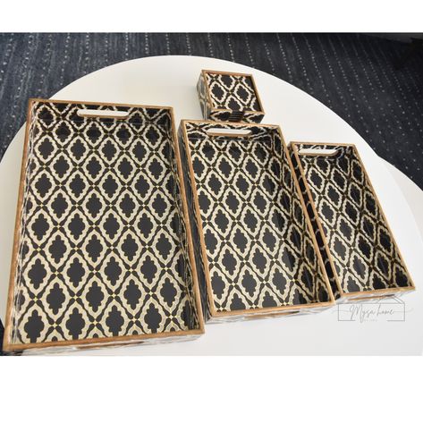 Serve, store, and style with our 3-piece nesting serving tray set! Complete the set with coasters, this versatile set is perfect for entertaining, gifting, or everyday use. Nest them together for compact storage - a perfect space-saving solution! #tray #traydecor #servingtray #kitchendecor #kitchenessentials #mysahome #mysahomestyling #smallbusiness #womeninbusiness #californiasmallbusiness #supportsmallbusiness #noir #noircollection #weddinggiftsidea #weddinggift #housegift #housewarminggi... Serving Tray Set, Tray Set, Space Saving Solutions, House Gifts, Compact Storage, Hand Paint, Kitchen Essentials, Tray Decor, Serveware