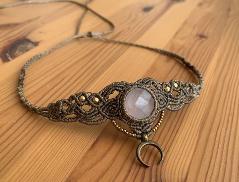 Macrame choker necklace with rose quartz stone,pink quartz macrame tiara,bohemian jewelry,handmade macrame gift,gemstone necklace,half moon by librabutique on Etsy Macrame Tiara, Macrame Choker Necklace, Macrame Gift, Macrame Choker, Handmade Tiaras, Micro Macramé, Rose Quartz Stone, Handmade Macrame, Jewelry Choker