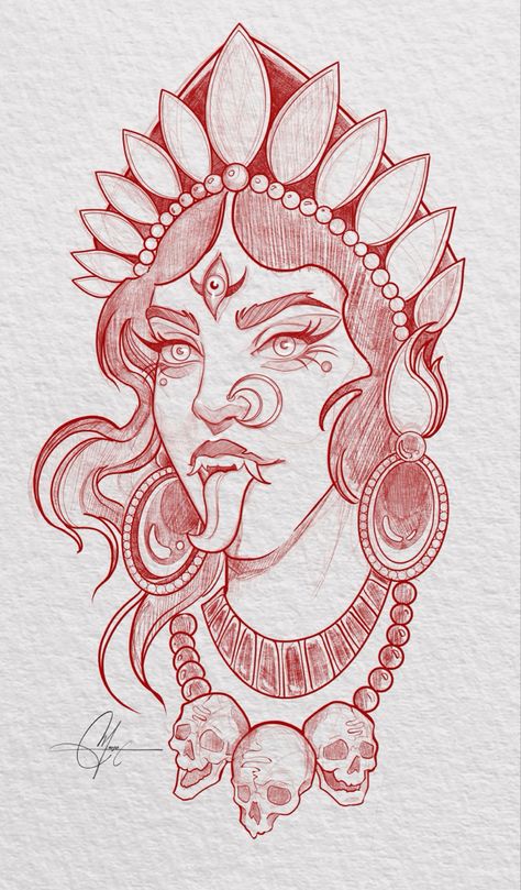 Ma Kali Mandala Art, Goddess Kali Drawing, Maa Kali Mandala Art, Vedic Tattoo, Maa Kali Sketch, Kali Tattoo Design Art, Hindu Goddess Tattoo, Kali Mata Tattoo, Jibaro Tattoo