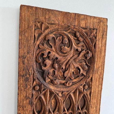 - Hand-carved wood panel  - Jacobean style relief  - Metal hanging bracket on back Ornate Wood Carving, Wood Carved Furniture, Dremel Wood Art, Norse Wood Carving, Wood Carving Bowl, Wood Carving Aesthetic, Celtic Carving, Wood Carving Ideas, Elven Kingdom