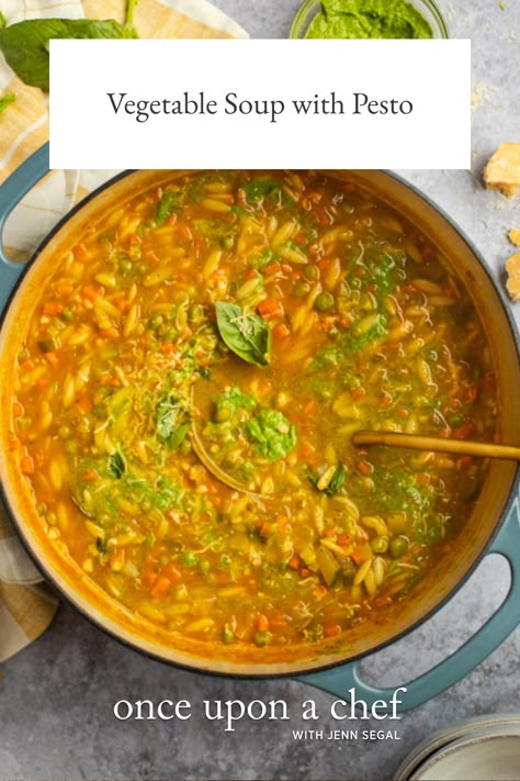 Vegetable Soup with Pesto Once Upon A Chef Recipes, Vegetable Pesto, Soup With Pesto, Above Garage Apartment, Thai Crunch Salad, Pea Pesto, Once Upon A Chef, Soup Stew Recipes, Leftovers Soup