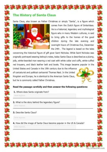 Holiday Reading Comprehension, History Of Santa Claus, Free Printable Christmas Worksheets, Christmas Literacy Activities, Christmas Reading Comprehension, Free Reading Comprehension Worksheets, Reading Comprehension Test, Citing Text Evidence, Christmas Key