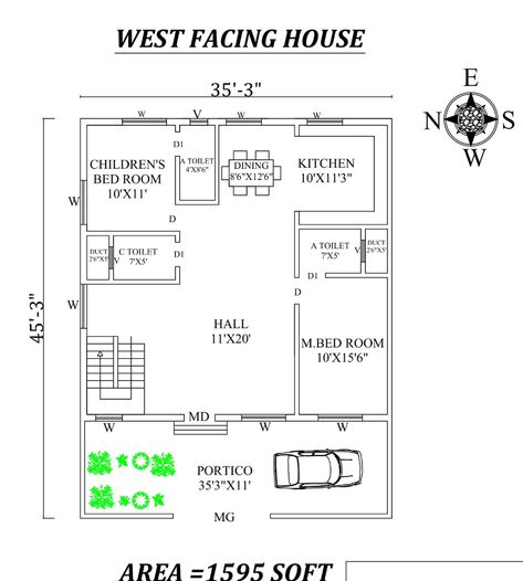 Autocad Drawing file shows 35'X45' Marvelous 2bhk West facing House Plan As Per Vastu Shastra. The total buildup area of this house is 1595 sqft. The kitchen is in the Southeast direction. Dining is in the east of the house. The master bedroom available in the southwest direction with the attached toilet is in the south direction. kid's bedroom is in the Northeast direction with the attached toilet available in the east direction. A staircase is available in the northwest inside of the house. A West Facing House Plan, South Facing House, West Facing House, 30x40 House Plans, Vastu House, East Direction, 2bhk House Plan, Home Gym Design Garage, Best Modern House Design