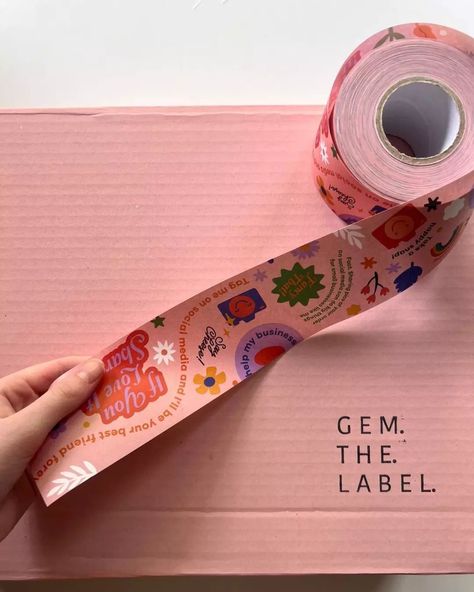 Marketing Tape by Chromatical® on Instagram: “Pink on pink for evs!!! Love this shot by @gem.the.label with our Happy Snap Marketing Tape!! 💗💗💗💗💗” Packing Tape Design Ideas, Branded Tape Design, Packing Tape Labels Diy, Packaging Tape Design, Groovy Branding, Branded Tape Packaging, Clearly Canadian, Custom Packing Tape, Fairy Books