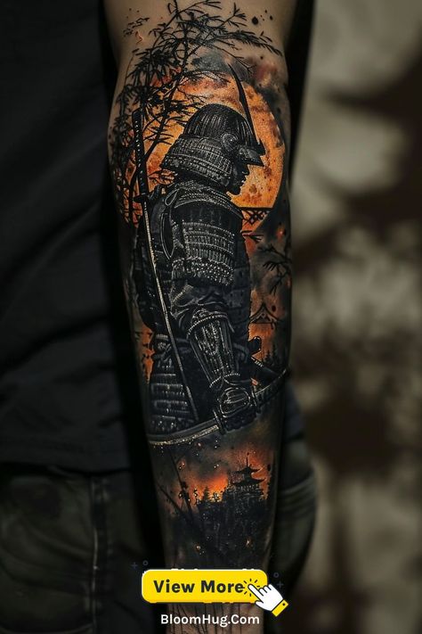 A detailed arm sleeve tattoo of a samurai in a warrior’s stance, symbolizing readiness and power. The shading brings out the intricate details of the armor and sword. Samurai Sleeve, Samurai Tattoo Ideas, Japanese Samurai Tattoo, Tattoo For Men Ideas, Samurai Tattoos, Samurai Tattoo Sleeve, Dynamic Tattoo, Full Arm Tattoos, Sleeve Tattoo Ideas