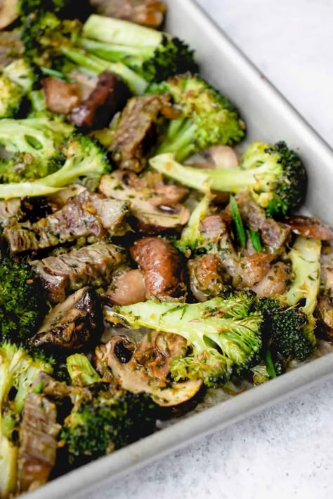 Sheet Pan Beef and Broccoli with Mushrooms (AIP) • Heal Me Delicious Aip Round Steak Recipes, Sheet Pan Beef And Broccoli, Broccoli With Mushrooms, Sheet Pan Beef, Autoimmune Diet Recipes, Aip Diet Recipes, Aip Meals, Steak And Broccoli, Autoimmune Recipes