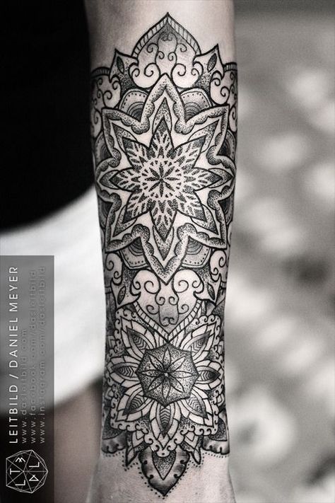 mandala half sleeve on forearm Tattoos Arm Mann, Mandala Arm Tattoo, Mandala Tattoo Men, Dotwork Tattoo Mandala, Tattoo Homme, Mandala Sleeve, Yoga Tattoos, Skeleton Hand Tattoo, Geniale Tattoos