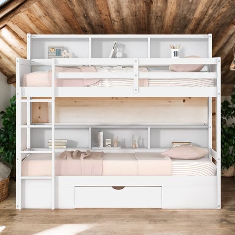 Product Features   [Multifunctional Bunk]: You will get a complete solution for your dorm with this wooden bunk bed. Save space while affording your room to study, sleep, play, game, and store valuables with the bunk bed. Brother Sister Shared Bedroom Bunkbeds, Bunkbed Girls Room Ideas, Bunkbed Girls Room, Girl Dorm Ideas, Bunk Bed Girls Room, Girls Room Bunk Beds, Coastal Beds, Small Room Girl, Bunk Bed Shelf