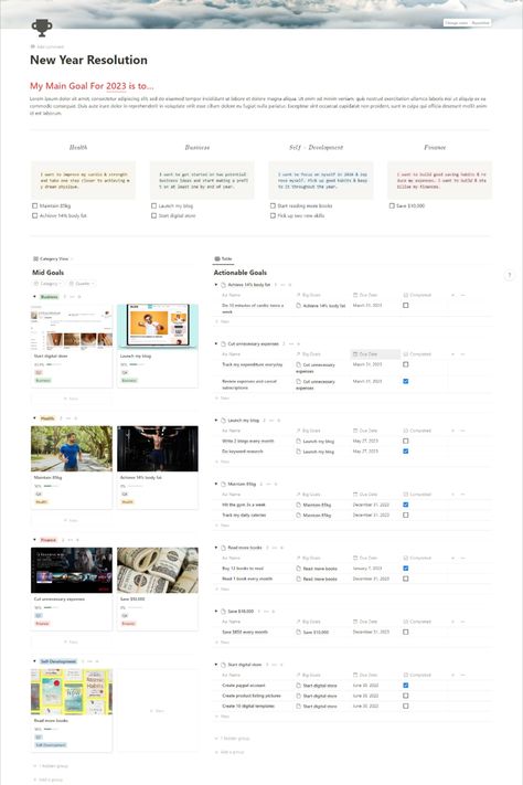 Notion digital template for planning and tracking of your new year resolutions Notion 2024 Goals, Notion New Years Resolution, Notion New Years Template, Notion Yearly Goals, Aesthetic Notion Template, Notion Aesthetic, Aesthetic Notion, New Year Resolution, Goals Template