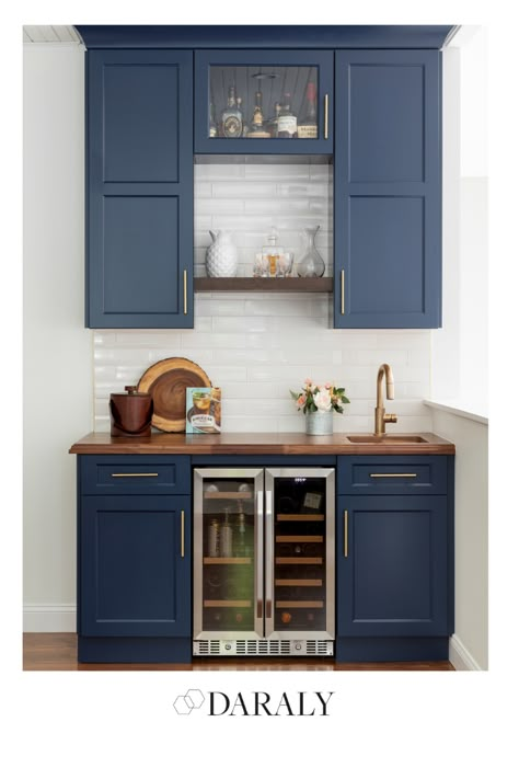 Blue Wet Bar Cabinets, Dark Blue Wall Kitchen, Blue Cabinet Bar, Blue Cabinet Wet Bar, Dark Blue Bar Cabinets, Navy Blue Cabinets Wet Bar, Wet Bar Butcher Block Counter, Wet Bar Wood Countertop, Dark Blue Wet Bar