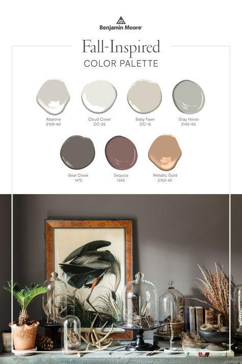 Fall is here! Immerse your home in the spirit of the season with this cozy, fall-inspired paint color palette from Benjamin Moore. Inspired by the warm, comforting hues of autumn, these colors will bring a fall aesthetic to any room in your home. Best Paint Colors To Go With Orange Oak, Benjamin Moore Fall Colors, Cozy Benjamin Moore Colors, Warm Benjamin Moore Paint Colors, Warm Neutral Paint Colors Benjamin Moore, Autumn Paint Colors, Cozy Paint Colors, Benjamin Moore Color Palette, Fall Paint Colors