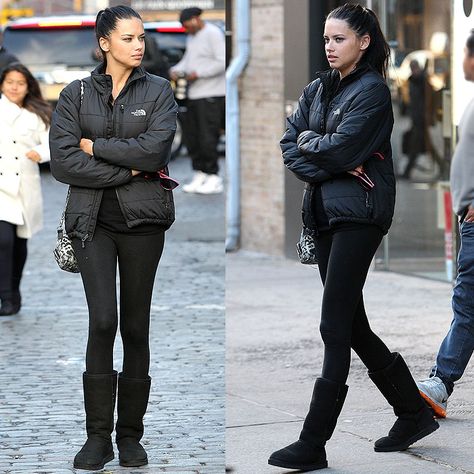 Adriana Lima uggs with leggings Ugg Boots Outfit Chestnut, How To Style Knee High Boots, Uggs Outfit Winter, Ugg Boots Outfit Winter, Fake Uggs, Ugg Boots With Bows, Uggs Outfits, Outfit With Uggs, 2021 Outfits