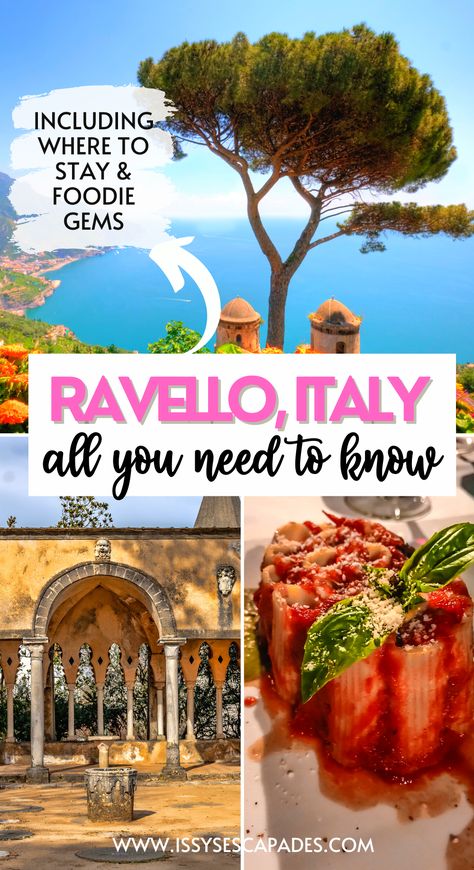 Ravello Italy pin cover, showing images of the famous trees and two domes view on mountainside overlooking azure waters of amalfi coast, a golden set of arches in an ornate garden and a creative past dish with tomato sauce and parmesan. Things To Do In Ravello Italy, Best Amalfi Coast Towns, Villa Cimbrone Ravello, Amalfi Restaurants, Ravello Italy Amalfi Coast, Aesthetic Amalfi Coast, Amalfi Coast Restaurants, Amalfi Town, Amalfi Coast Aesthetic