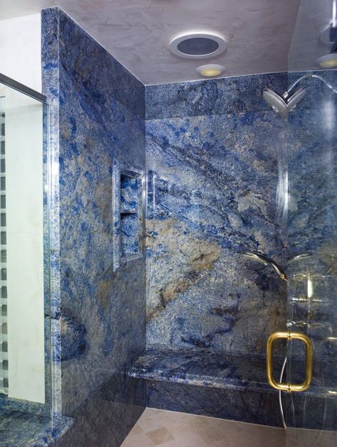 Considering Blue Bahia Granite? Let These Interiors Sway You | Apartment Therapy Blue Bahia Granite, Blue Marble Bathroom, Marble Countertops Bathroom, Granite Shower, Blue Granite Countertops, River White Granite, Small Shower Remodel, Granite Bathroom, Kitchen Countertop Materials