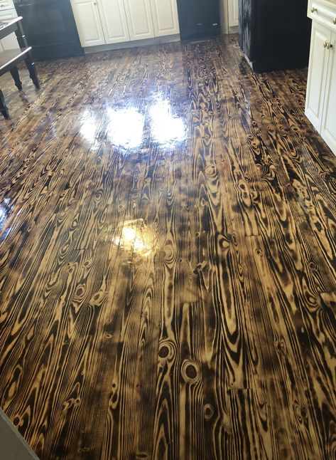 Burnt wood kitchen floor Wood Grain Flooring, Burnt Wood Ceiling, Burned Wood Cabinets, Burned Wood Countertop, Burnt Wood Flooring, Burnt Wood Cabinets Kitchens, Wood Floor Patch Ideas, Burnt Wood Countertops, Burnt Wood Kitchen Cabinets