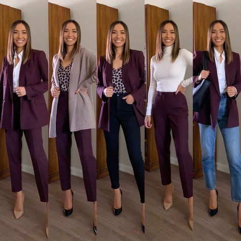 The O'Hara Blazer—Sharkskin curated on LTK Work Staples For Women, Womens Presentation Outfit, Court Outfits For Women Winter, Burgundy Suit For Women, Women's Fashion Work Office Style, Jewel Tone Business Casual, Elegant Business Outfit Professional, Business Casual Outfits Monochromatic, Elegant Office Outfit Work Chic