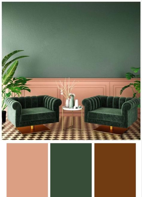 Peach And Green Interior Design, Green Pink Brown Living Room, Green And Salmon Living Room, Peach Interior Design Living Room, Green Peach Living Room, Pink Couch Green Wall, Green Sofa Pink Walls, Green And Peach Kitchen, Green Brown Pink Aesthetic Room