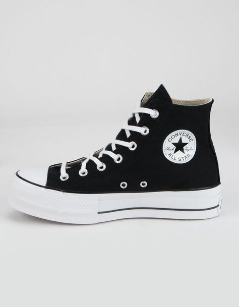 Converse Chuck Taylor All Star Lift Platform High Top Shoes. Created In 1917, The Chuck Taylor All Star Sneaker Was The Original Basketball Shoe. Its Use Has Changed Over The Years, But It's Still Perfect In Its Simplicity. With Its Timeless Silhouette, Vulcanized Rubber Sole And Unmistakable Ankle Patch, The Chuck Is Ready For You To Make It Your Own. Classic Chuck Taylor Details With A Double-Stacked Rubber Sole For Added Height. Canvas Upper. Imported. Womens High Top Shoes, Converse Platform, Shoes For School, Chuck Taylor All Star Lift, Trendy Shoes Sneakers, Dr Shoes, Preppy Shoes, Shoes Teen, Black Converse