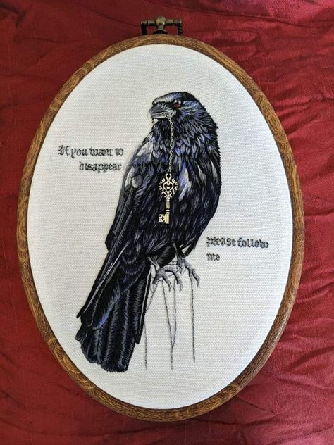 Goth Embroidery Patterns Free, Creepy Embroidery Ideas, Gothic Embroidery On Clothes, Embroidery Goth, Embroidery Raven, Crow Embroidery, Raven Embroidery, Raven Art, Thread Painting