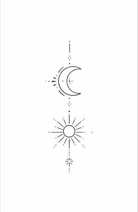 Small Tattoos Sun Moon Stars, Delicate Line Work Tattoo, Small Tattoos Line Work, Simple Sun Moon Star Tattoo, Moon And Star Line Tattoo, Geometric Sun Tattoo, Dainty Sun Tattoo, Fine Line Sun Moon Stars Tattoo, Sun Moon Star Minimal Tattoo