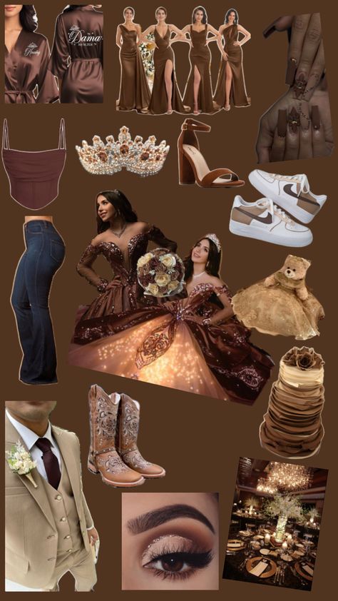 Rare Quince Colors, Light Brown Quinceanera Dresses, Brown Quinceanera Theme, Brown Quinceanera Dress, Fall Quinceanera Themes, Brown Quince Dress, Quince Colors Ideas, Country Quinceanera Ideas, Unique Quinceanera Themes