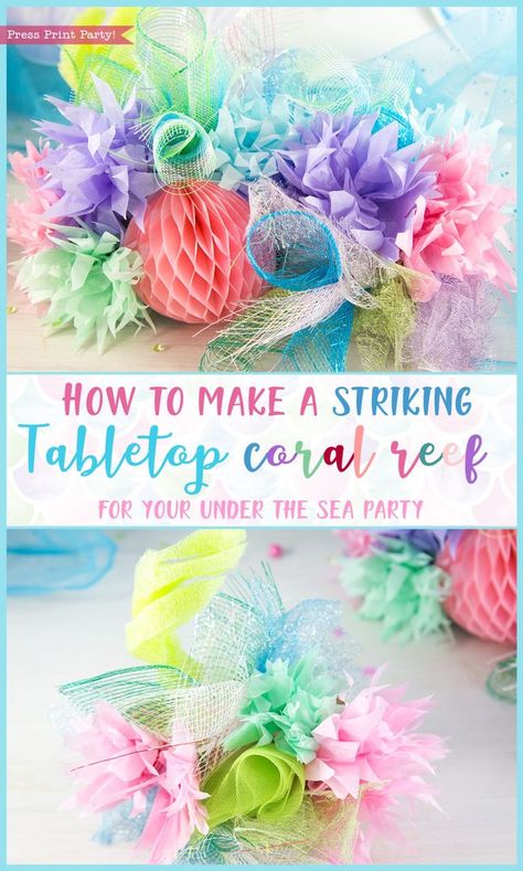 How to make a striking tabletop coral reef for your mermaid or under the sea party - by Press Print Party! Mermaid party, Nemo party, Dorie Party, Under the sea birthday party theme, mermaid birthday. coral reef centerpiece craft Nemo Party, Under The Sea Decorations, Sea Party Ideas, Centerpiece Craft, Sea Birthday Party, Mermaid Baby Showers, Mermaid Parties, Sea Decor, Sea Birthday