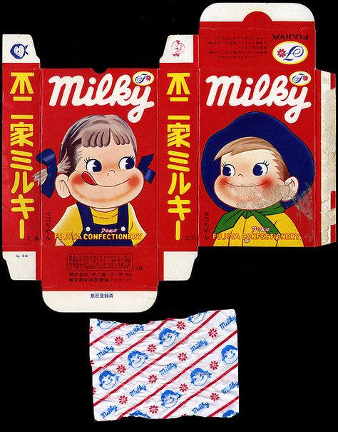 Japan - Fujiya Milky candy box and wrapper - 1970's by JasonLiebig, via Flickr Anime Packaging, Milky Candy, Retro Packaging, 귀여운 음식 그림, Printable Box, Toy Packaging, Paper Toys Template, Box Of Chocolates, Candy Wrapper