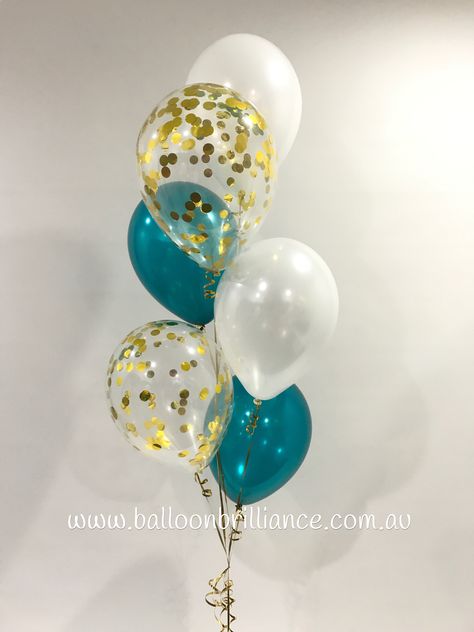 Our most popular bouquet style in 2017, this time using pearl teal, pearl white and gold confetti #heliumballoonscanberra #confettiballoonscanberra #floorbouquets #21stbirthdayballoons #partyballoonscanberra #canberra #balloonscanberra #canberraballoons #act #cbr #BalloonBrilliance Teal And Gold Decor, Teal And Gold Party Ideas, Teal Decorating Ideas Birthday Parties, Turquoise And Gold Birthday Party Ideas, Teal And Gold Party, Turquoise White And Gold Party Decorations, Teal And Gold Birthday Party, Teal And Gold Birthday Party Decoration, Teal White And Gold Party Decorations