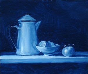 Blue still life with lemon and totmato Still Life Painting Monochromatic, Blue Still Life Painting, Still Life Monochrome Painting, Blue Monochrome Painting, Monochromatic Still Life, Monochromatic Art Painting, Monochromatic Painting Ideas, Spiral Design Art, Blue Still Life