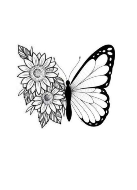 Sunflower Daisy Butterfly Tattoo, Butterfly Tattoo With Daisies, Sunflower Butterfly Drawing, Boho Butterfly Painting, Sunflower Butterfly Tattoo Design, Butterfly With Daisy Tattoo, Sunflower And Butterflies Tattoo, Butterfly Daisy Tattoo, Half Butterfly Half Sunflower Tattoo