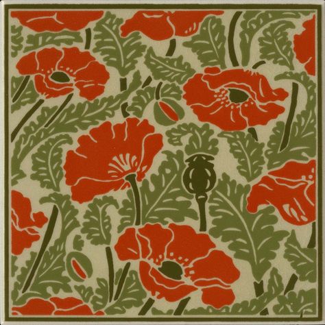 Besheer Art Tile, Bedford, New Hampshire, c. 2010. Motifs Art Nouveau, Orange Poppies, William Morris Patterns, William Morris Art, Poppy Pattern, Art Tile, Art And Craft Design, Decorative Wall Plaques, Design Fields