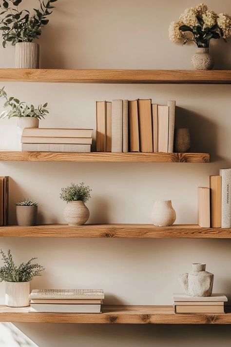 Step-by-step guide to making DIY floating shelves for enhanced room decoration and functionality. Ideal for home organization. Wall Shelves With Corbels, Floating Shelves Wall Living Room, Floating Shelves Den, Floating Shelves With Books And Plants, Living Room Wall With Floating Shelves, Staggered Floating Shelves Office, Hallway Floating Shelves, Floating Built In Shelves, Simple Shelf Styling