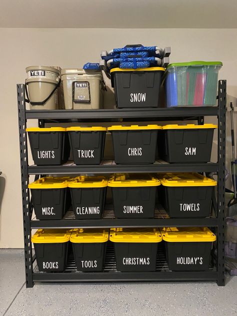 Labels For Garage Storage Bins, Food Storage In Garage, Garage Organization Metal Shelves, Organization Basement, Small Garage Organization Ideas Storage, Garage Storage Closet Ideas, Tire Storage Ideas, Garage Storage Container Ideas, Storage Organization Ideas Garage