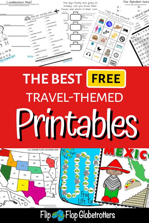 From road trip bingo to free printable travel journal pages and from travel story cards and printable country packs to pretend-play passports for kids. There are so many free worksheets, car games and other travel-related resources out there, why reinvent the wheel? This is a great list with a selection of the best travel-themed printables for kids out there.  #free #freeprintable #travelwithkids #printable #travel #cartravel #roadtrips #cargames #worksheets #flipflopglobetrotters Free Printable Road Trip Activities, Road Trip Activity Pages, Road Trip Printables For Kids Free, Passport Template Free Printables, Free Road Trip Printables, Printable Travel Games, Free Travel Printables, Printable Travel Journal, Printable Road Trip Games