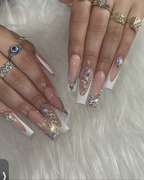 Badazled French Tip Nails, Long Nail Designs Rhinestones, Boujee French Tip Nails, Medium Acrylic Nails Rhinestones, White French Bling Nails, White And Rhinestone Acrylic Nails, Bling White French Tip Nails, White Bedazzled Nails, Diamond Prom Nails