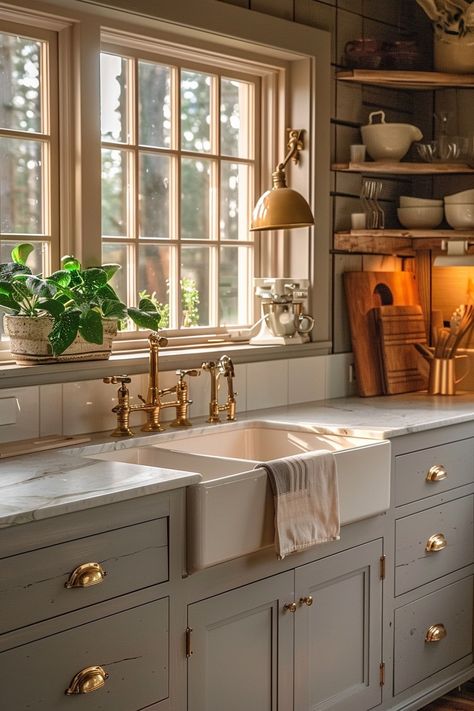 Illuminate Your Sink: Farmhouse Kitchen Sink Lighting Ideas - Quiet Minimal Country Style Sink, Aesthetic Kitchen Sink, Cottage Kitchen Sink, Kitchen Lighting Inspiration, Farmhouse Kitchen Sink Lighting, Kitchen With Window Over Sink, Townhouse Kitchen Ideas, Townhouse Updates, Sink Design Kitchen