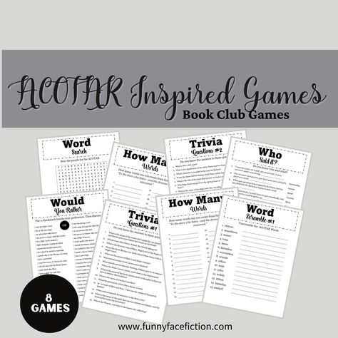 Book Club Games, ACOTAR Inspired Games, Printable Book Club Game Bundle, Printable Party Games, 8 Game Bundle, Book Club Activities Acotar Party Games, Book Club Games, Acotar Party, Club Games, Book Club Activities, Printable Party Games, Club Activities, Games Printable, Printable Books