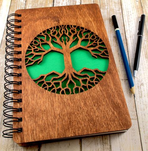 Wood Cover Journal, Wood Notebooks, Gifts For Writers, Wood Laser Ideas, Wood Journal, Leather Book Covers, Laser Cut Wood Crafts, Unique Journals, Laser Engraved Ideas