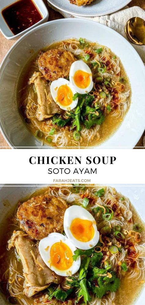 In the top photo is chicken soup (soto ayam) served in a white bowl, topped with sliced hard boiled egg, bergedil (potato meat cakes), cilantro, and fried shallots. Next to the bowl is a serving of 'sambal kicap', which is a spicy sweet soy sauce dip. The bottom photo is a close up of the soto ayam. Chicken Soups And Stews, Soup Recipes Homemade, Best Chicken Soup Recipe, Best Chicken Soup, Chicken Vermicelli, Chicken Soup Recipes Homemade, Vermicelli Recipes, Chicken Soups, Quick Soup Recipes