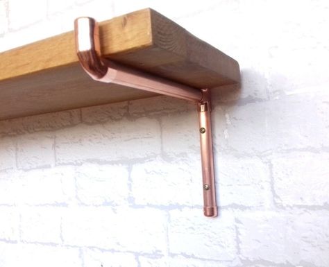 Copper Piping Shelves, Copper And Wood Shelves, Copper Pipe Shelf, Copper Pipe Ideas, Copper Shelf Brackets, Copper Pipe Art, Copper Shelving, Copper Pipe Shelves, Copper Shelf