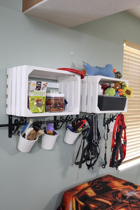 Easy DIY Crate Shelves for Organizing Pet Supplies Completed in 1 day! Pet Room Ideas Dogs Diy Projects, Pet Closet Organization, Dog Organization Station Small Spaces, Dog Storage Ideas Organizations, Organize Dog Stuff, Dog Organization Station, Pet Supply Storage, Dog Diy Projects, Dog Supplies Storage